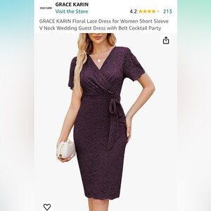 Lace midi faux wrap dress in dark purple